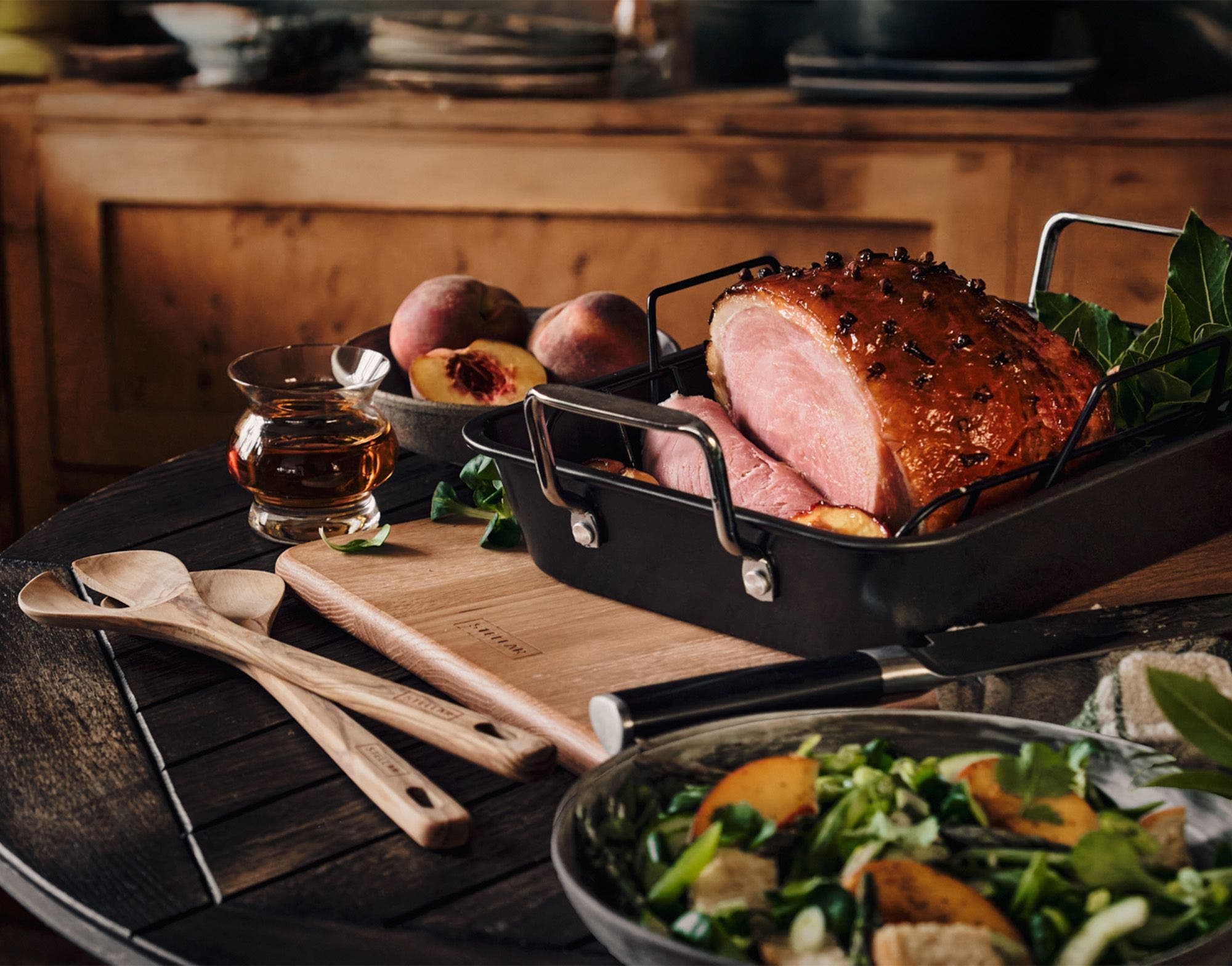 Peach & Bourbon Roast Gammon with Spring Vegetable Panzanella