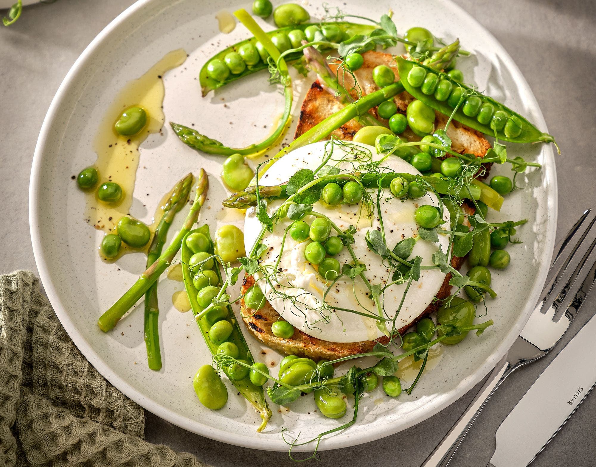 Broad beans, Peas and Burrata on Sourdough