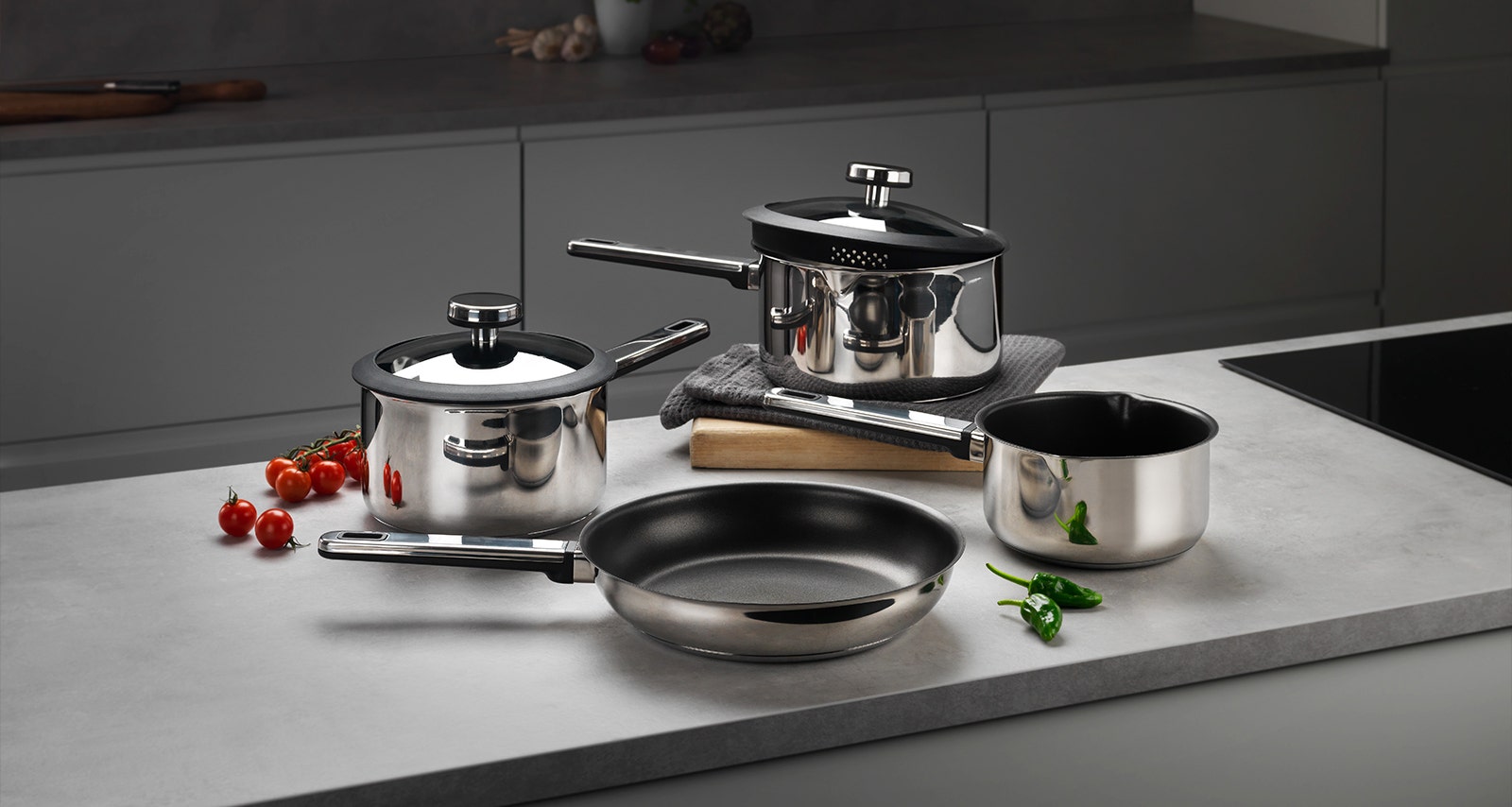 Stellar Stay Cool Cookware Set on kitchen counter top
